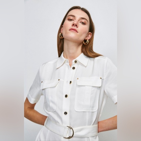 Women's 4 S Small Designer Karen Millen White belted Tailored Utility Dress - Picture 2 of 11